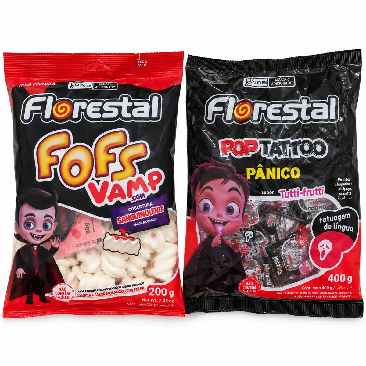 Kit Halloween Marshmallow Fofs Vamp 200g + Pirulito Pânico Tatto 400g | Marshmallow Recheado, Cobertura Sanguinolenta, Tatuagem na Língua, Sabor Tutti-Frutti, Sem Glúten