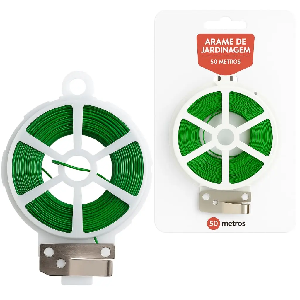 Arame Plastificado para Jardinagem, Bobina de 50 Metros, com Cortador e Suporte, Fio Verde Revestido, Flexível e Durável para Amarrar Plantas, Jardinagem, Hortas e uso em Geral.