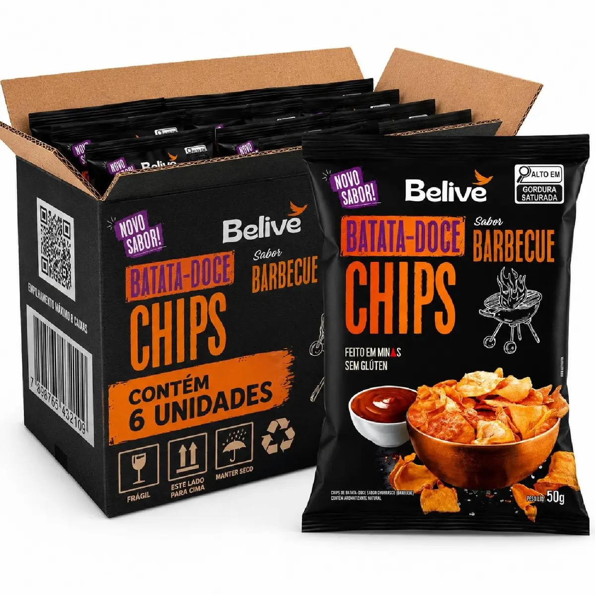 Kit 6 Batata Doce Chips BeLive Sabor Barbecue 50g | Sem Glúten | Sem Lactose | Fonte de Fibras | 6 Unidades - 1