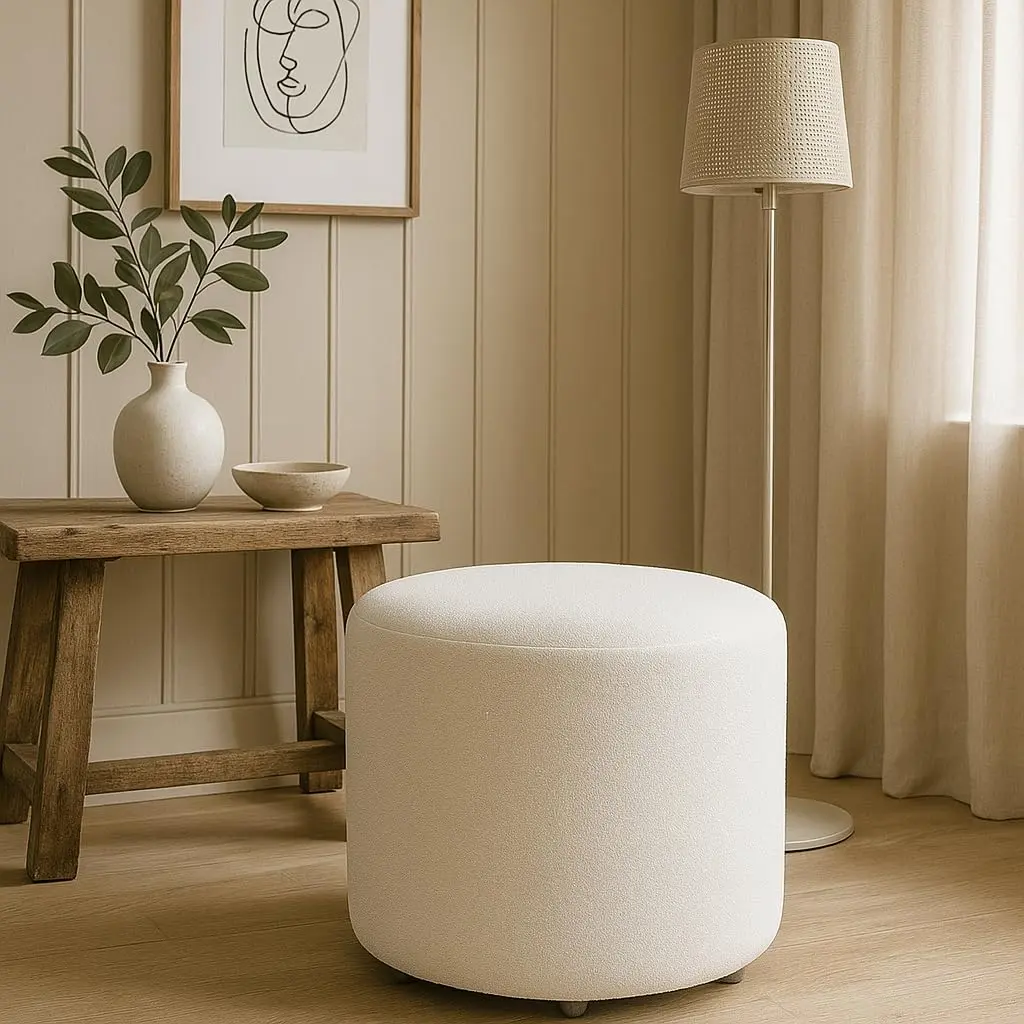 Puff Aura Bouclé Decorativo Estilo Orgânico Redondo Sala Quarto Recepção - Nosso Canto(Off White)