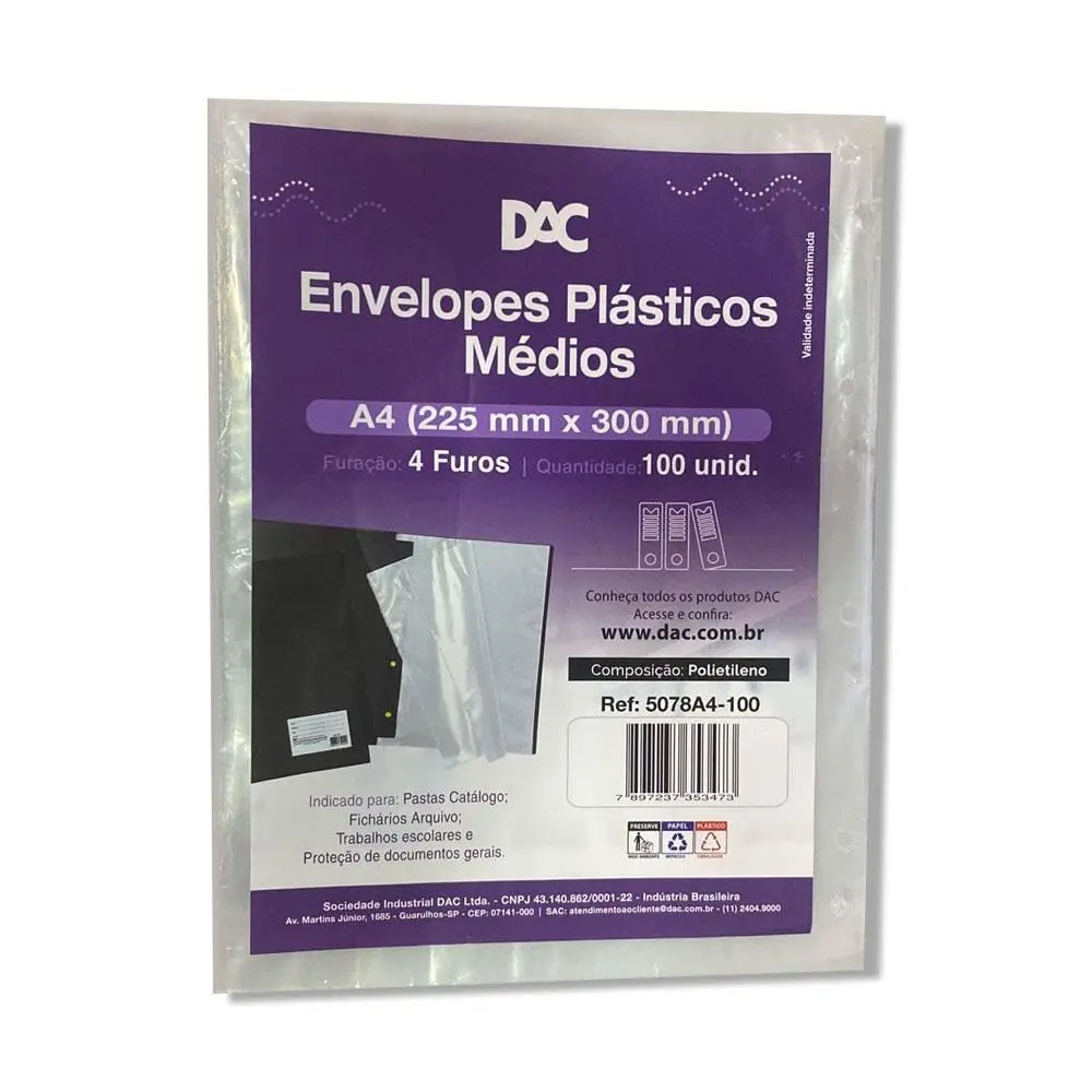 Blister 100 Envelopes A4 Medio 4 Furos, DAC, Blister 100 Envelopes A4 Medio 4 Furos 5078A4-100, Transparente, 5078A4-100 - 1