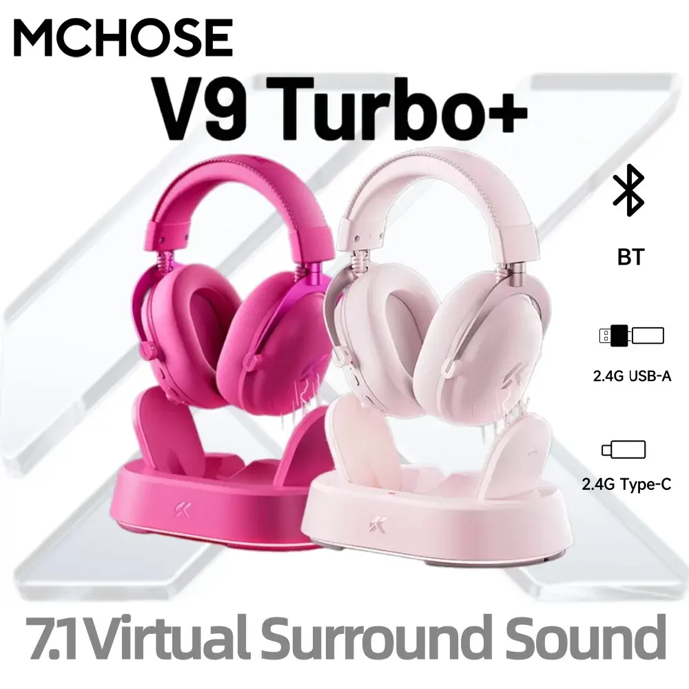 MCHOSE V9 Turbo+ Headset Gamer Sem Fio Magnético com Som Surround 7.1 ° Fones de Ouvido Giratórios de 60mm com Baixa Latência, RGB e Carregamento Magnético