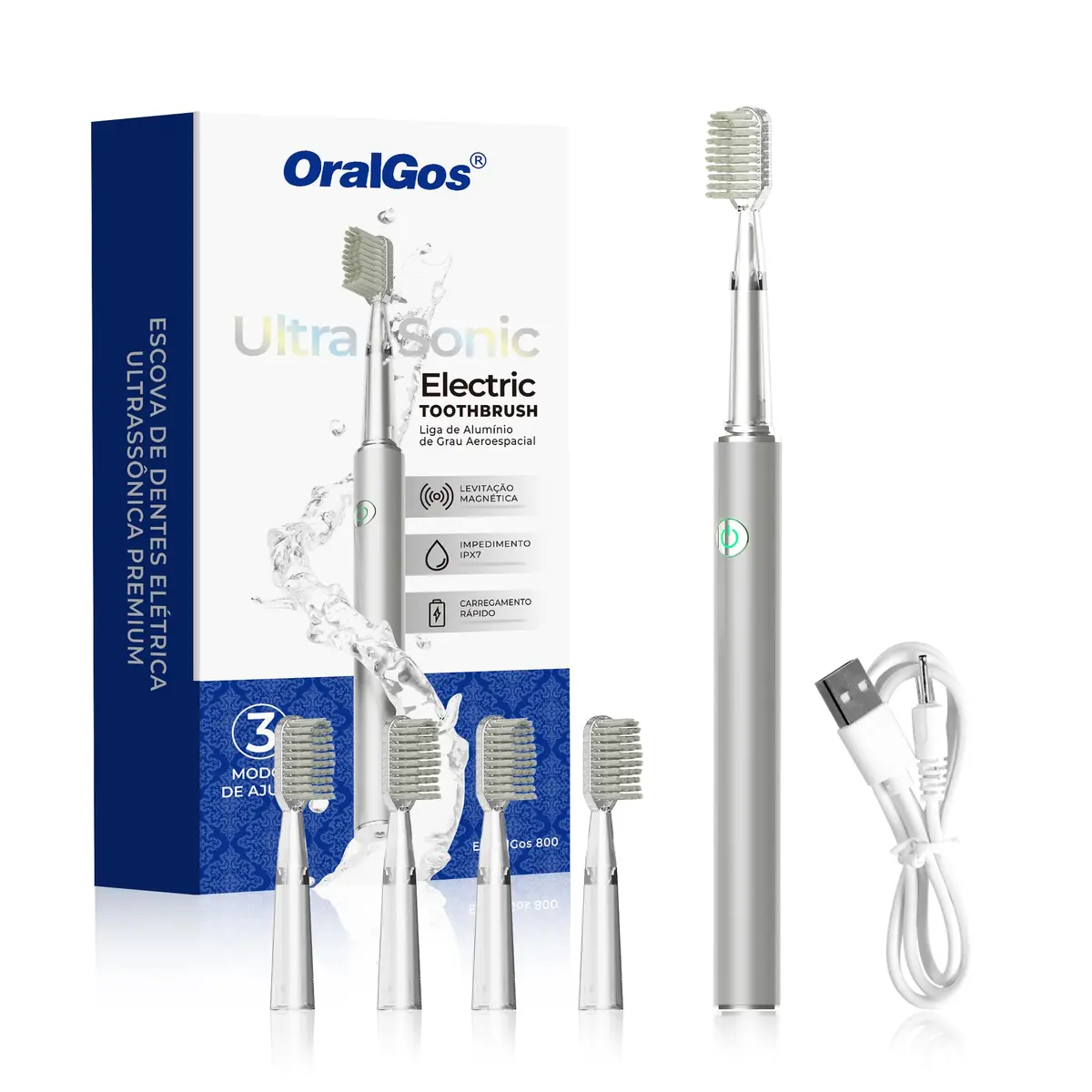 OralGos Escova de Dentes Elétrica Sônica para Adultos, Cerdas Macias, 3 Modos de Limpeza, 4 Cabeças Extras, Recarregável USB, IPX7 à Prova d’Água (Prata) - 1