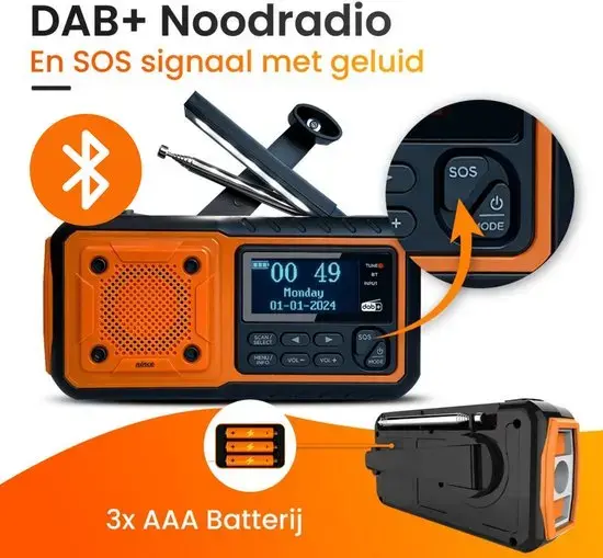 Rádio Solar DAB+ FM com Manivela, Power Bank de 5000mAh, Caixa de Som Bluetooth, Carregador de Celular de Emergência, Alarme SOS e Lanterna - 1