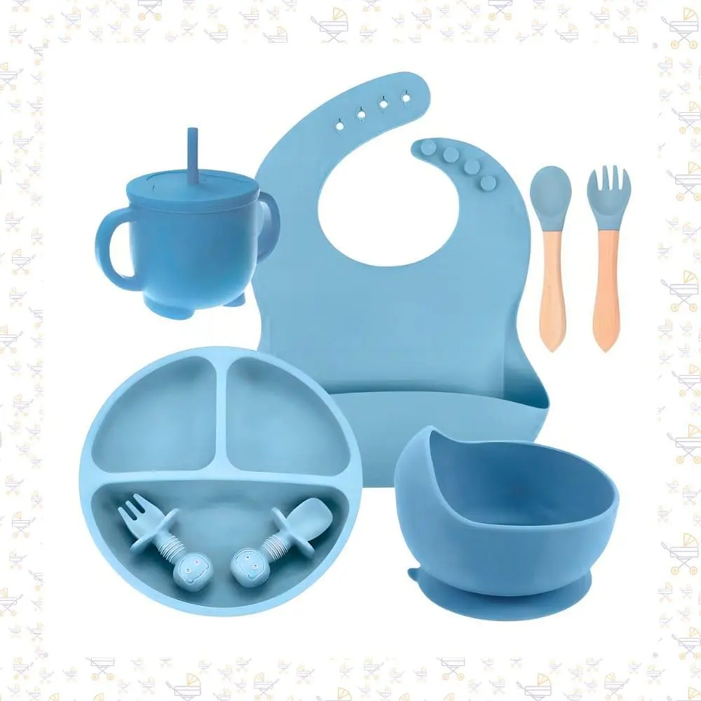 Kit Introdução Alimentar Bebe 8 Peças Antiderrapante BPA Free Prato Dividido Talheres Copo e Babador Infantil Seguro Resistente e Fácil de Limpar (Azul Escuro)