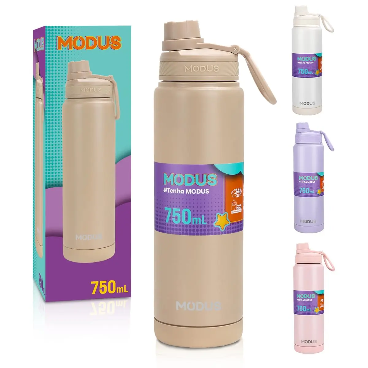 MODUS 750mL Garrafa de Água Térmica Inox Isolada a Vácuo | com Base Emborrachada Anti Derrapante, Adesivo (Marrom) - 1