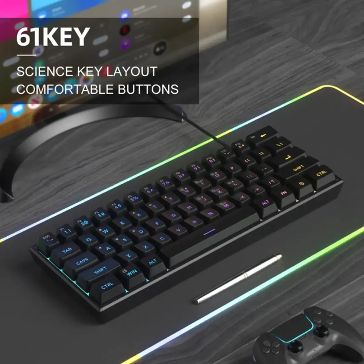 2026 Novo mini teclado mecânico para jogos USB interruptor vermelho RGB retroiluminado 61 teclas com fio sensação para jogos/escritório
