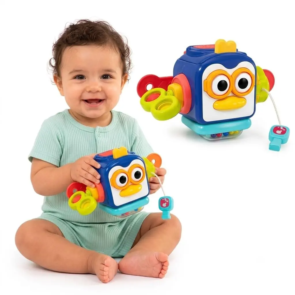 Cubo de Atividades Pinguim - Brinquedo Sensorial Educativo Bebês 6 Meses | 6 m+, 14 x 9 x 10,5 cm, 178 g, Peças Giratórias, Cordão, Botões, Bolinhas Internas, Uso Supervisionado - 1