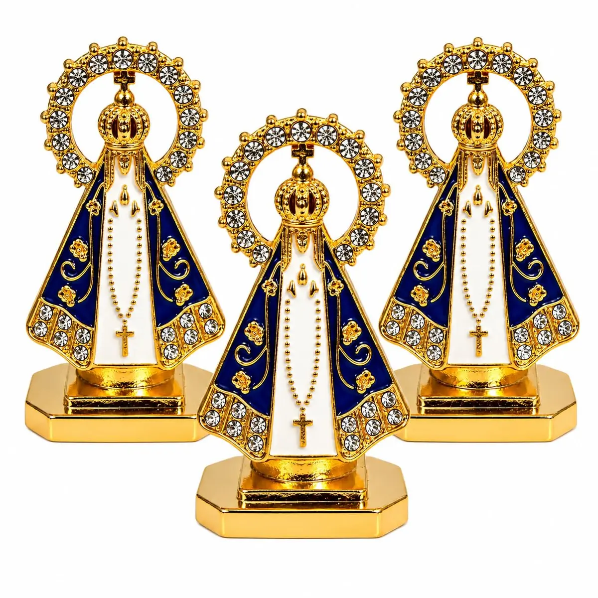 Kit 3 Nossa Senhora Aparecida Dourada Painel do Carro Autocolante | Autocolante, Durável e Resistente, Detalhes em Cristal, Esmalte Azul e Branco, Base Dourada