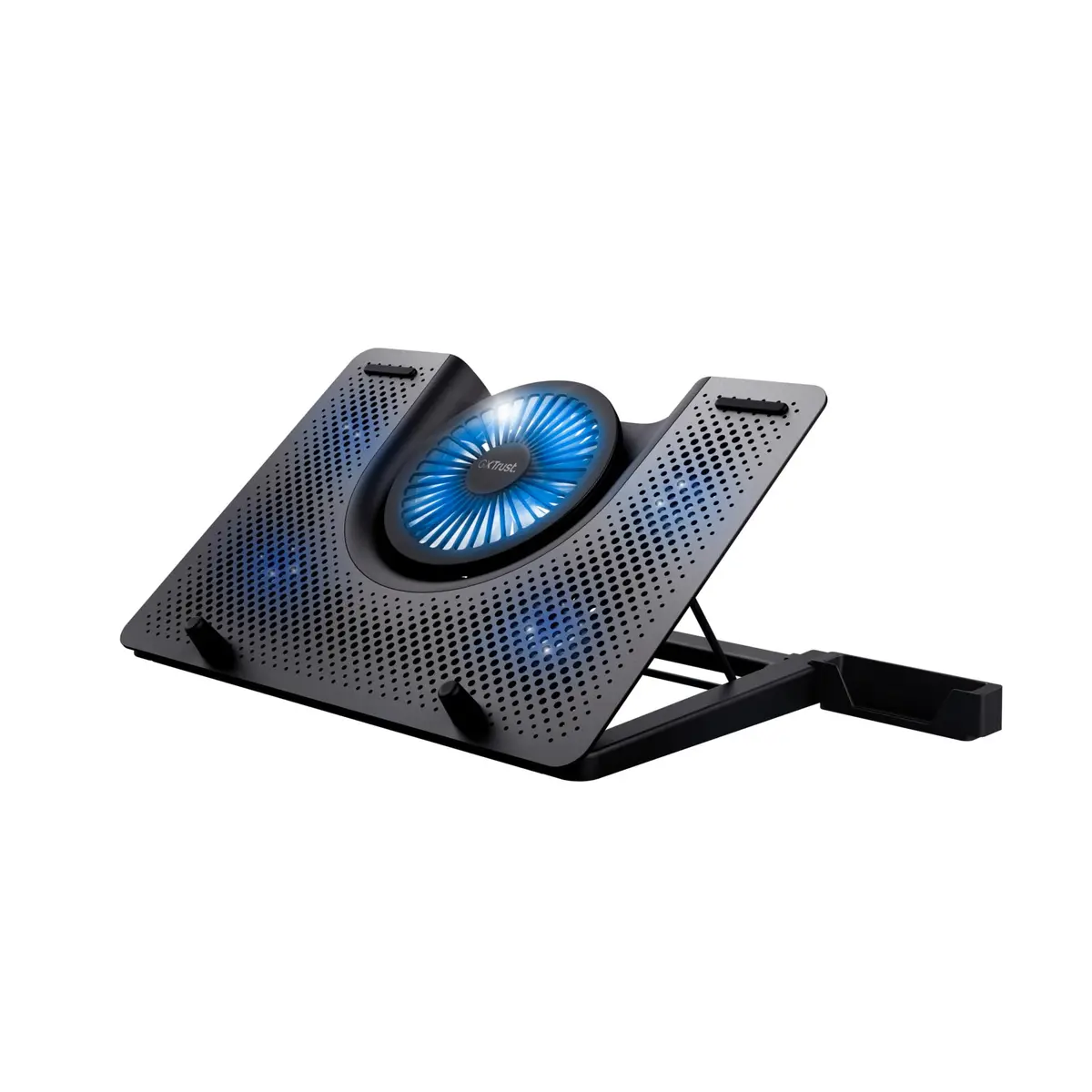 Base Cooler Trust GXT1125 QUNO p/notebook | 5 Coolers com Iluminação Azul, Altura Ajustável em 5 Níveis, Suporte para Celular, Conexão USB, Plug & Play