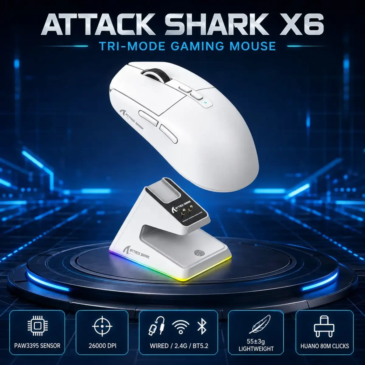 Mouse Gamer Sem Fio Tri-Mode ATTACK SHARK X6, Leve (55g), Sensor PAW3395, 26000 DPI, Dock de Carregamento RGB, Taxa de Polling de 1000Hz