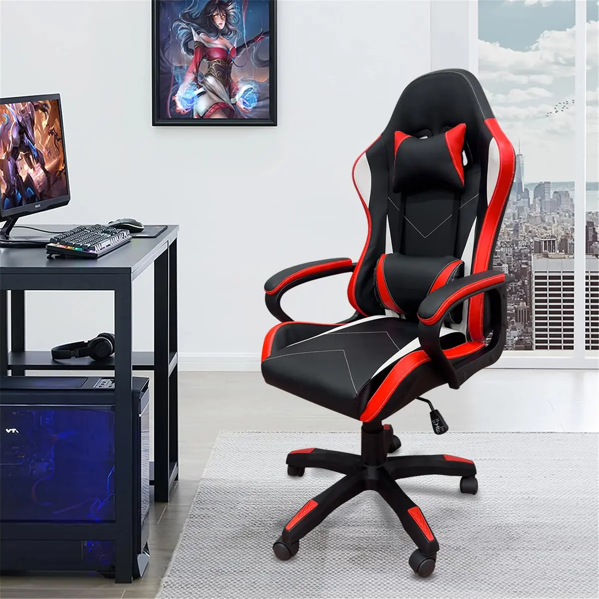 Cadeira de jogos com encosto alto, apoios de braços fixos em quatro pontos, altura ajustável (Vermelho)