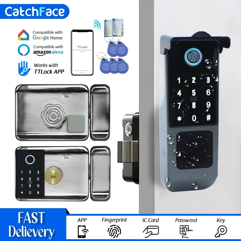 Ttlock versão wifi dupla face impressão digital à prova dwaterproof água portão ao ar livre senha cartão rfid keyless fechadura da porta inteligente
