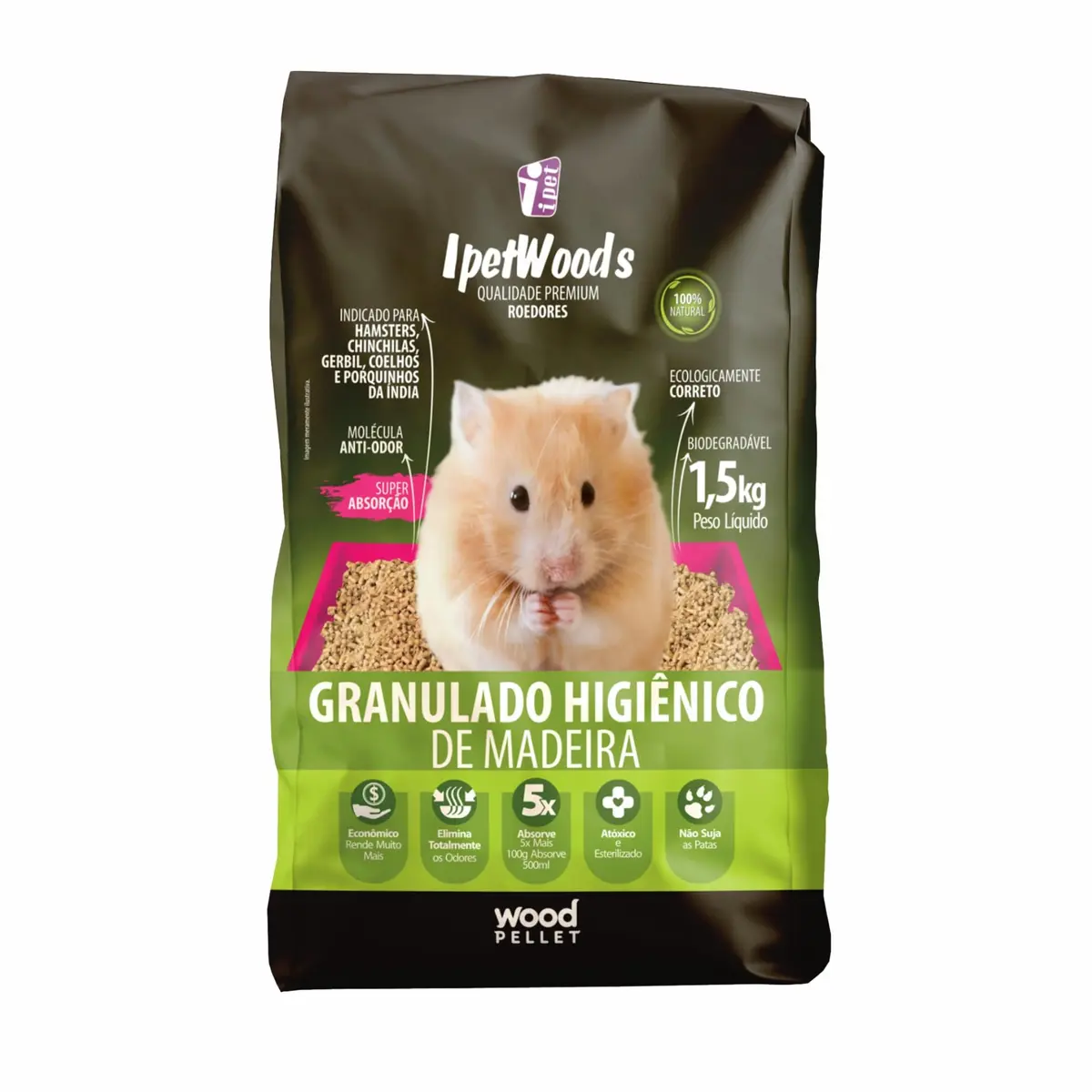 Granulado Higiênico de Madeira para Hamster iPet Wood's, 1,5kg | Para Roedores e Outros Animais Pequenos, Absorção Rápida, Elimina Odores