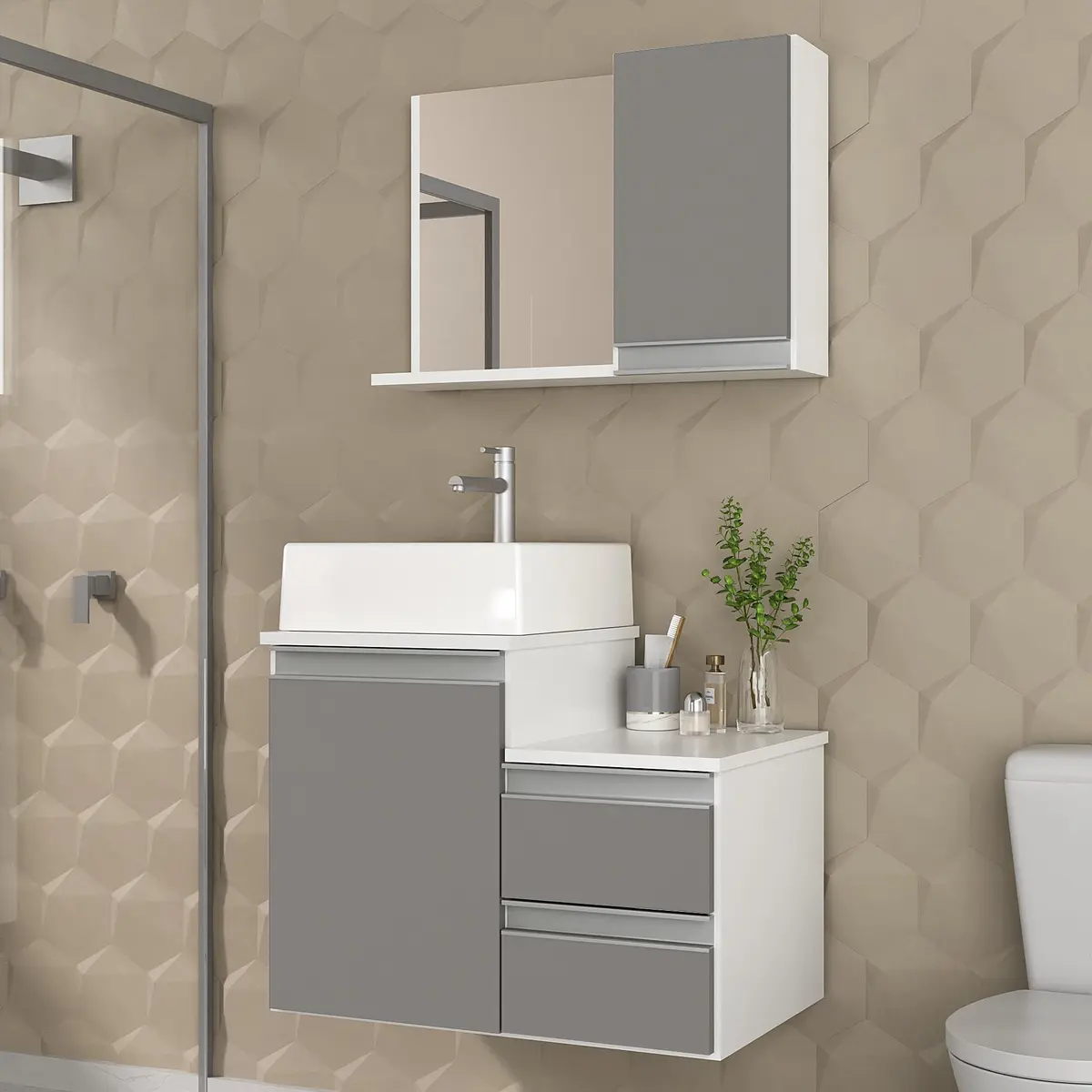 Gabinete Banheiro Desmontado com Cuba e Espelho Cross 60cm (Branco/Cinza)