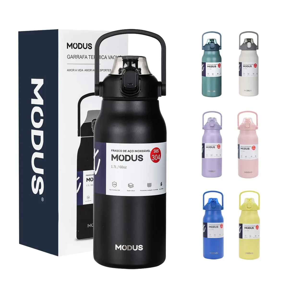 MODUS Garrafa Térmica 1700ml - Duplamente Isolada a Vácuo, Canudo | Base Emborrachada Anti Derrapante, Mantém Bebidas Quentes por 12 Horas e Geladas por 24 Horas