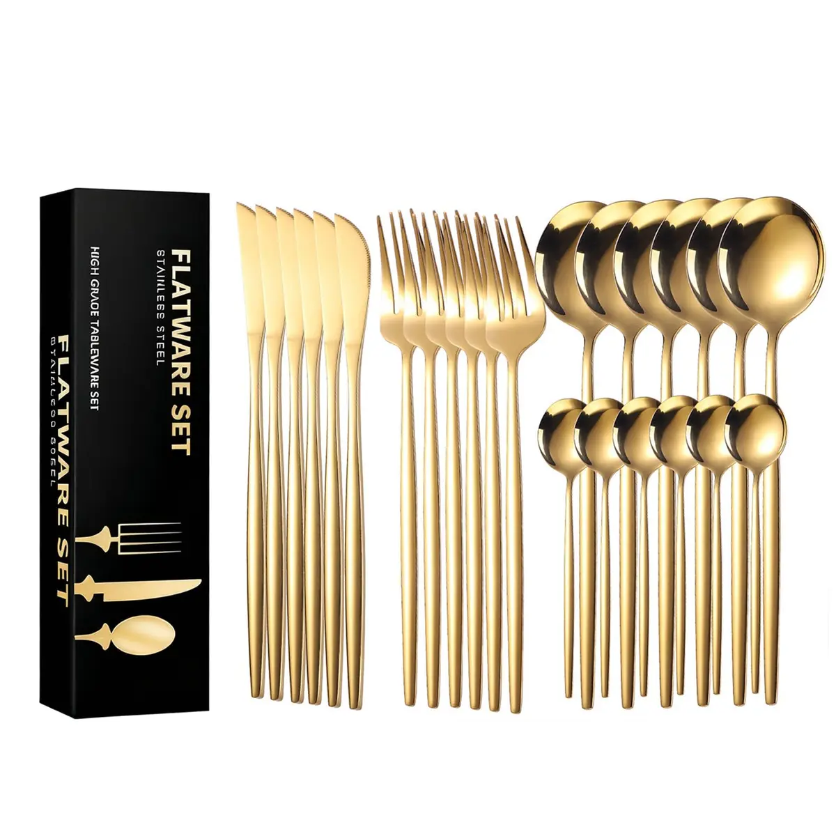 AUXOM Faqueiro 24 Peças em Aço Inox 430 - Jogo de Talheres Premium com Caixa Litografada, Polido e Espelhado de faca e garfo Conjunto para Mesa Posta e Utensílios de Casa/Restaurante (Dourado)