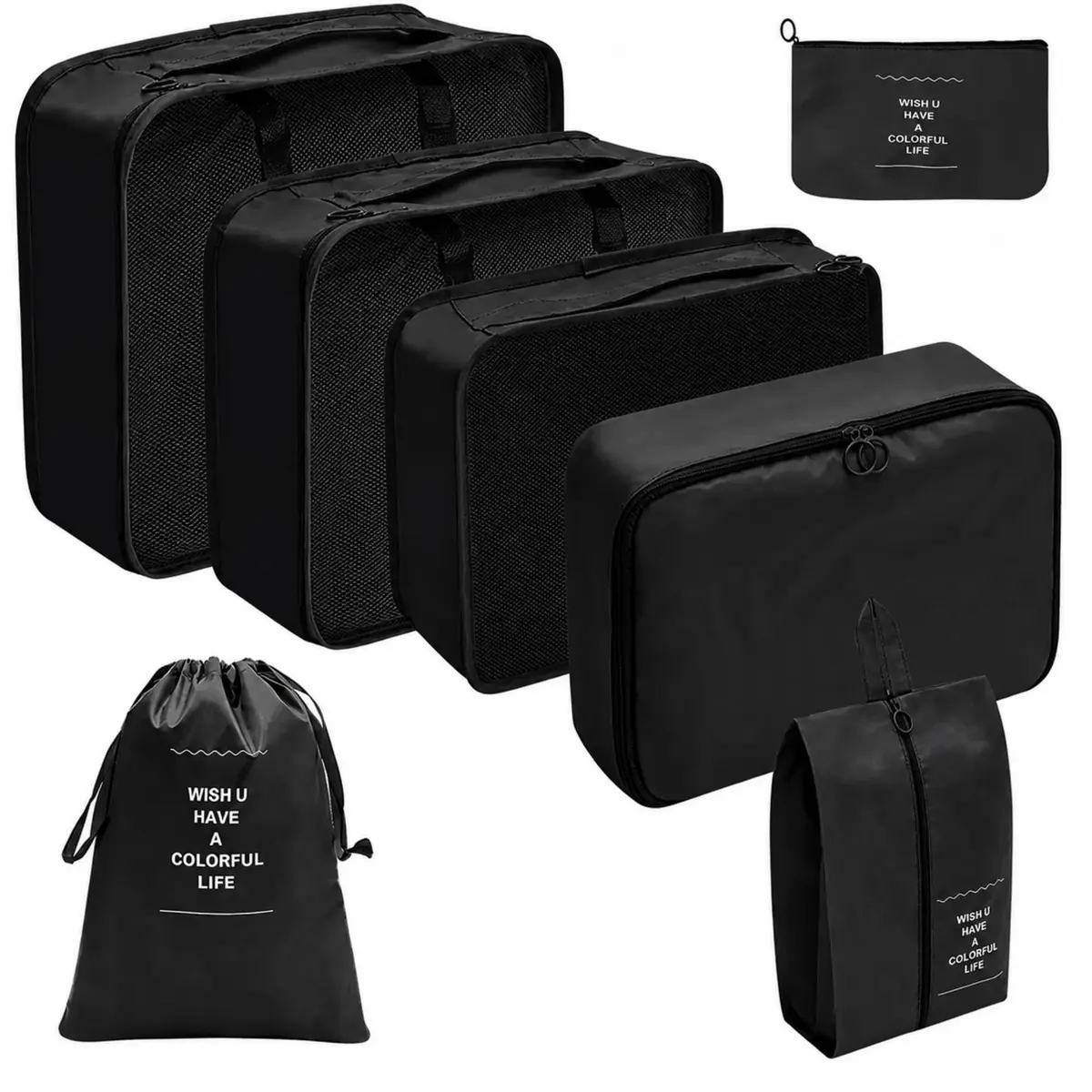 Kit Organizador de Mala 8 Peças Packing Cubes com Compressão Porta Sapatos Necessaire Transparente Roupas Sujas para Viagem (Preto 7 peças)