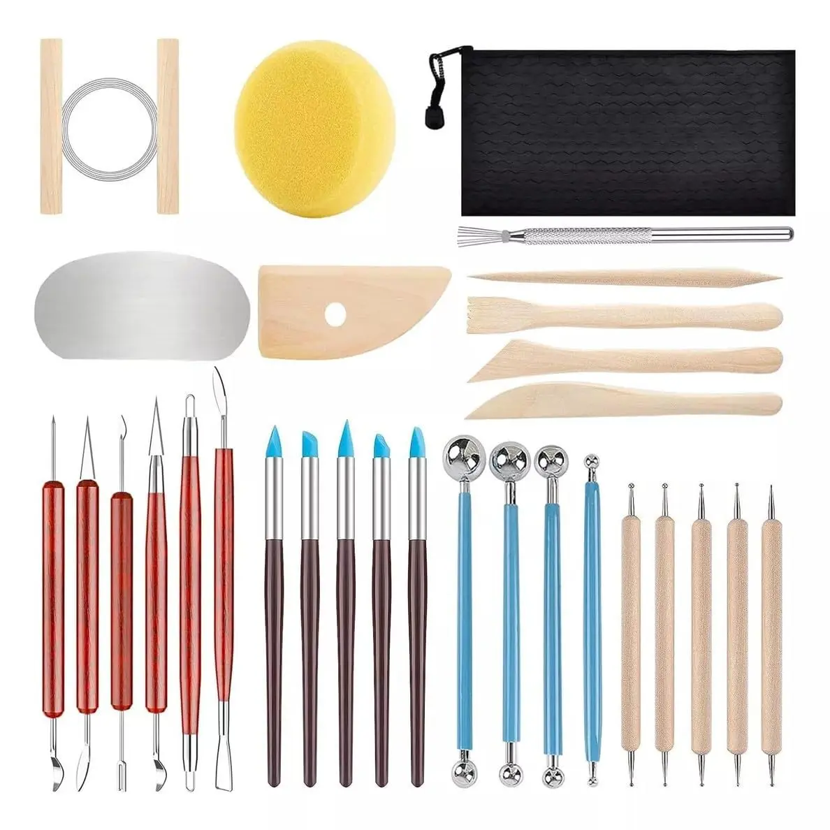 Kit Profissional de Ferramentas para Modelagem, 30 Peças | Estecas Dupla Face com Bolas Metálicas e Pontas de Madeira, Ideal para Cerâmica Fria e Artesanato (30)