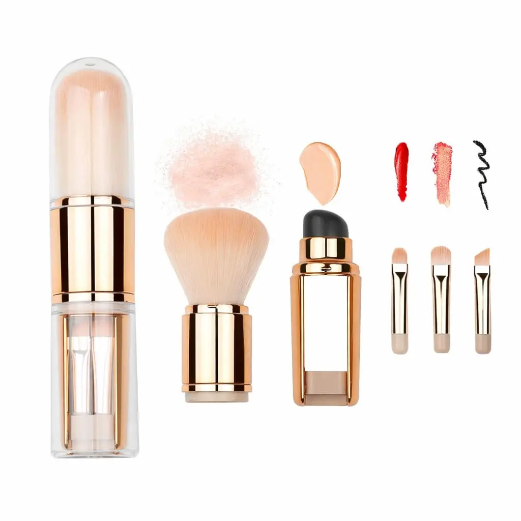 Kit Pincel de Maquiagem 4 em 1 Retrátil com Esponja de Silicone – Compacto, Profissional, Portátil para Base, Olhos, Lábios e Acabamento Uniforme