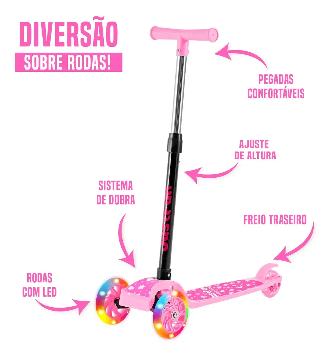 Patinete Infantil 3 Rodas De Led Dobrável Scooter Crianças Cor Rosa JustFun thumbnail 2