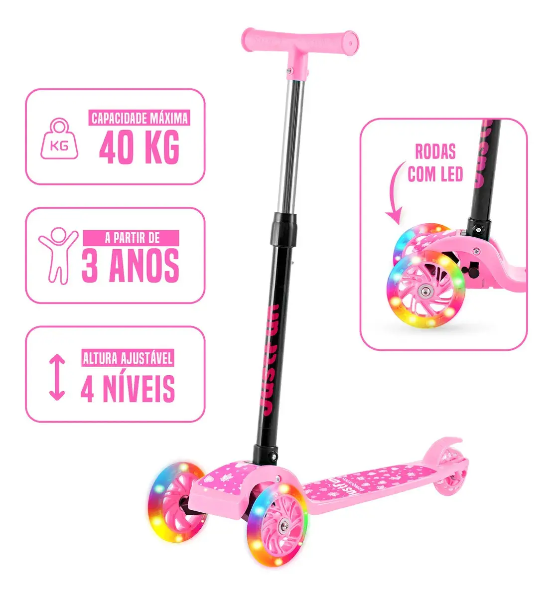 Patinete Infantil 3 Rodas De Led Dobrável Scooter Crianças Cor Rosa JustFun thumbnail 4