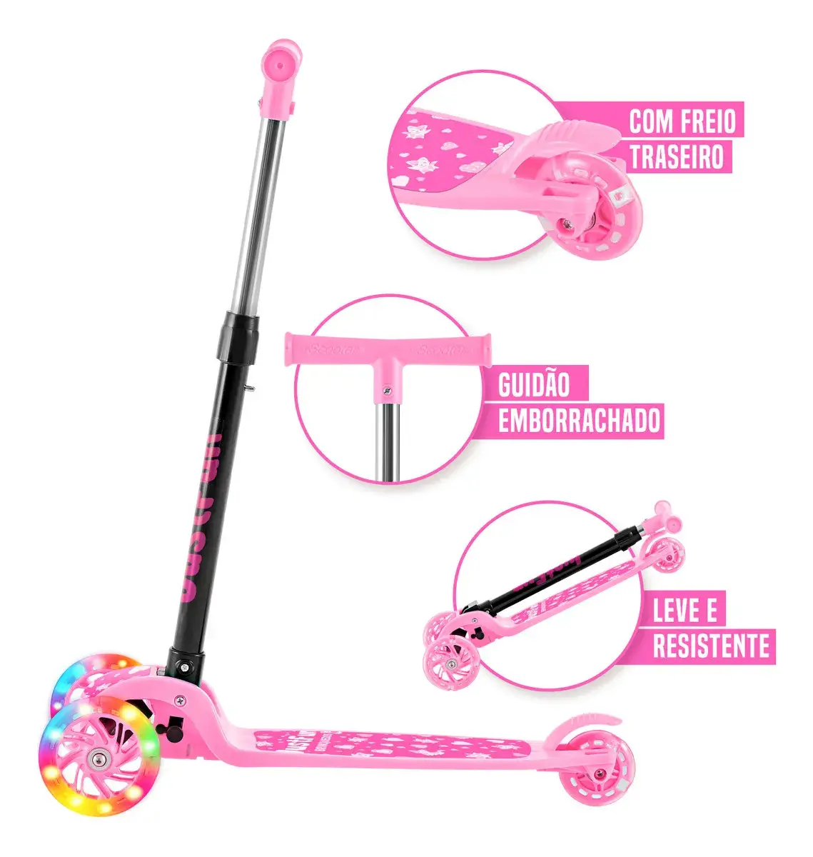 Patinete Infantil 3 Rodas De Led Dobrável Scooter Crianças Cor Rosa JustFun thumbnail 7