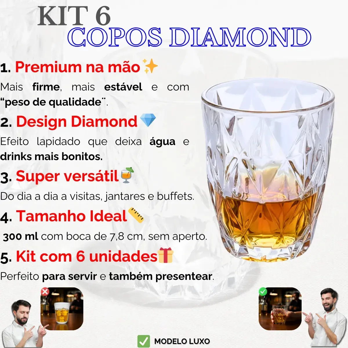 Jogo 6 Copos Diamond 300ml Vidro Grosso Diamante Luxo Moderno Resistente Buffet Casual Baixos Transparente thumbnail 2