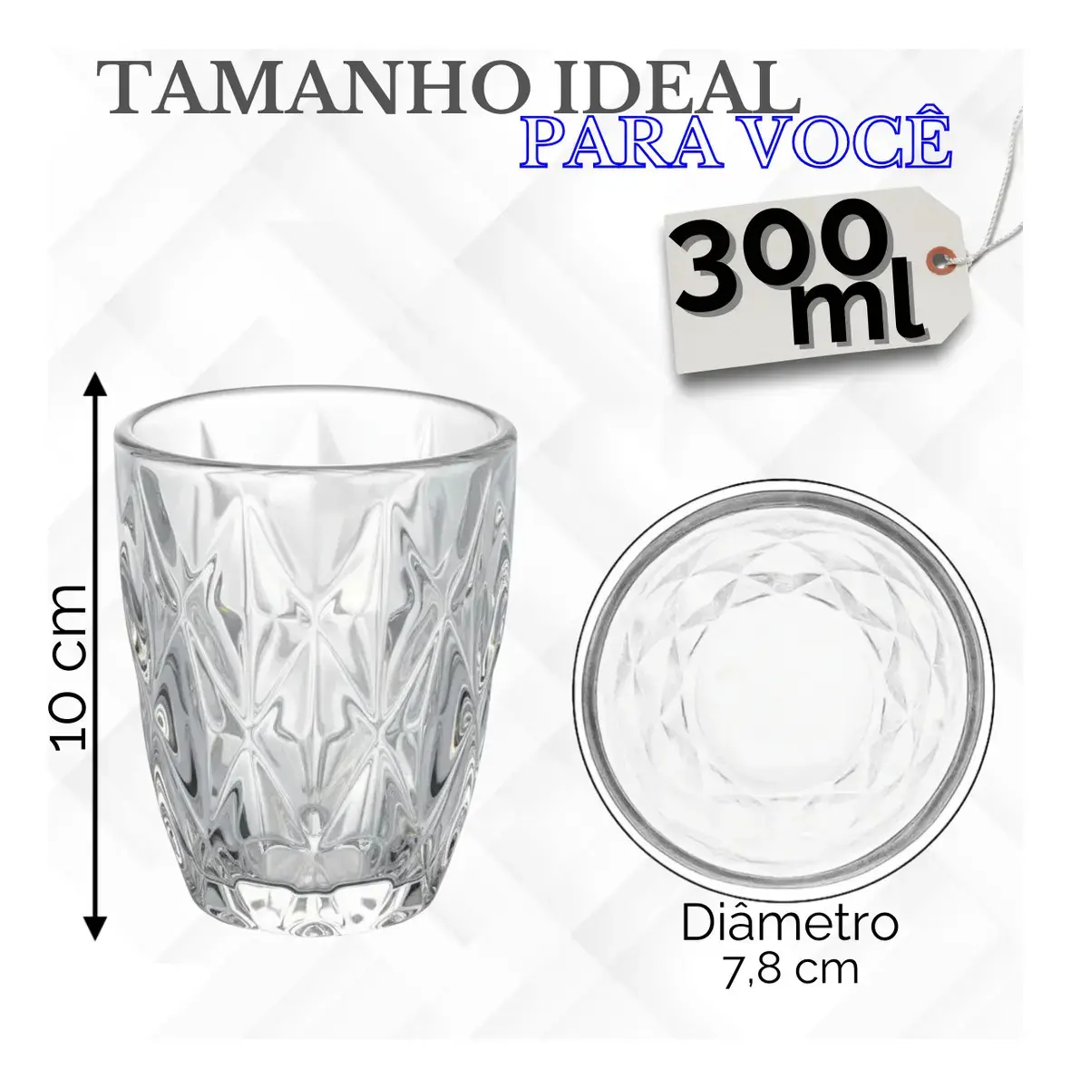 Jogo 6 Copos Diamond 300ml Vidro Grosso Diamante Luxo Moderno Resistente Buffet Casual Baixos Transparente thumbnail 4