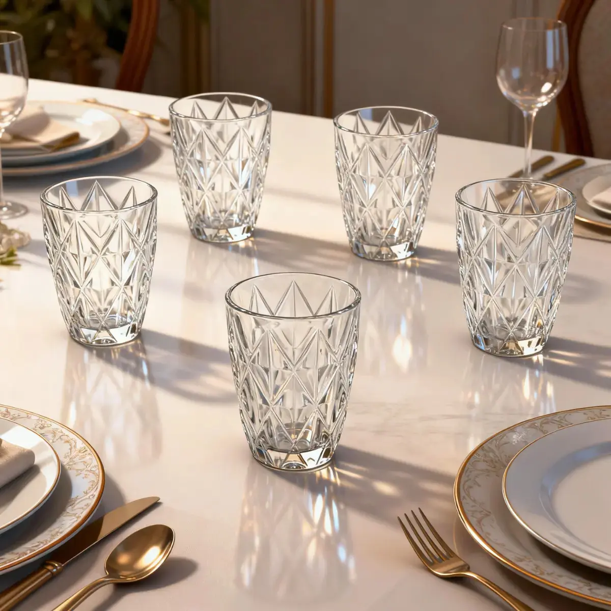 Jogo 6 Copos Diamond 300ml Vidro Grosso Diamante Luxo Moderno Resistente Buffet Casual Baixos Transparente thumbnail 6