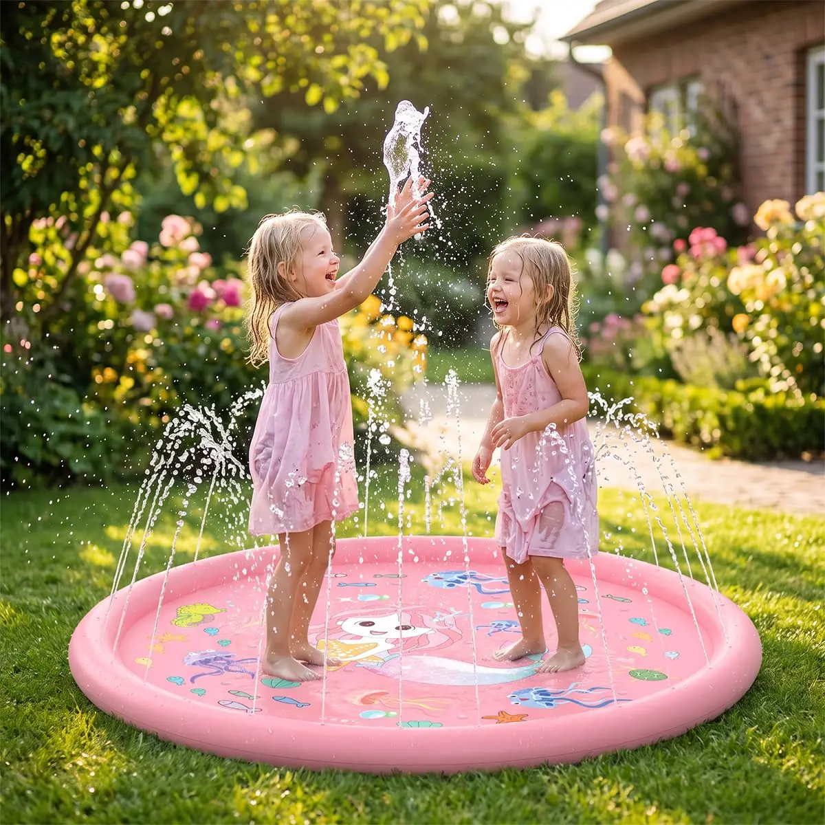 Brastoy Piscina Chafariz Infantil 170cm Splash Sprinkler Pad (Sereia) | splash pad, tapete sprinkler agua, piscina infantil inflavel, brinquedo aquatico criança, jogo jardim