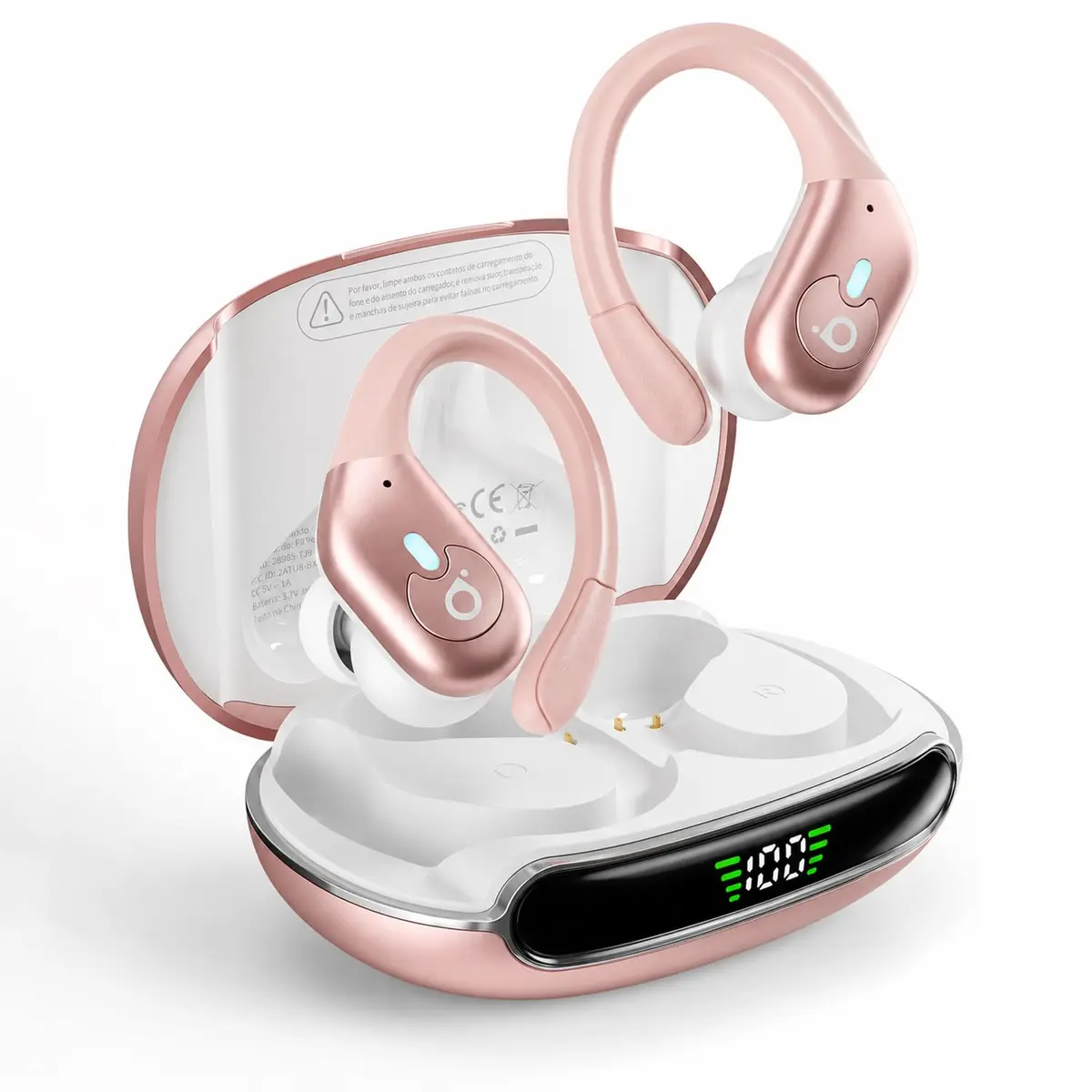 Basike Fone de Ouvido Bluetooth 6.0 Sem Fio, ANC e Modo de Transparência | TWS Som Estéreo Hi-Fi, ENC, Display LED, Intra-Auricular com 3 Tamanhos de Pontas e IPX5 para Corrida e Esportes (Ouro Rosa)