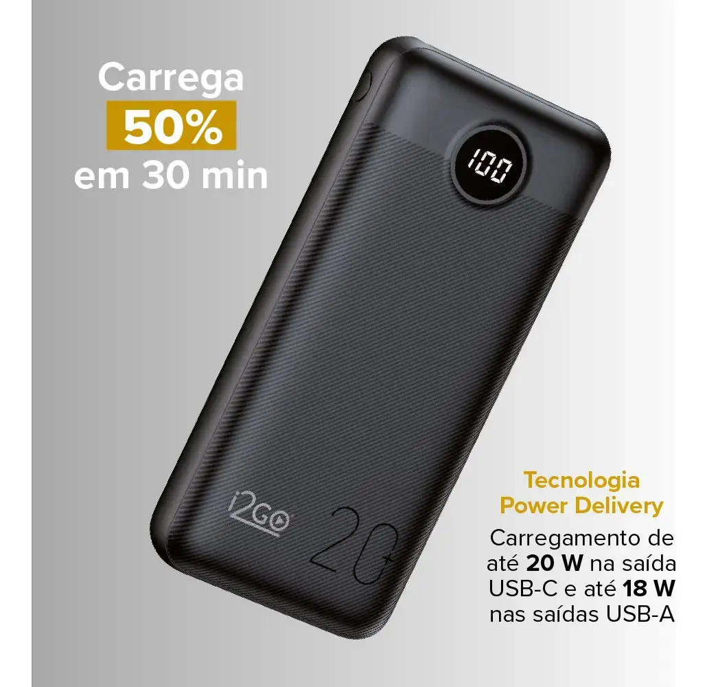 Carregador Portátil Power Bank Turbo i2GO 20000mah 20w Com Display Digital thumbnail 5