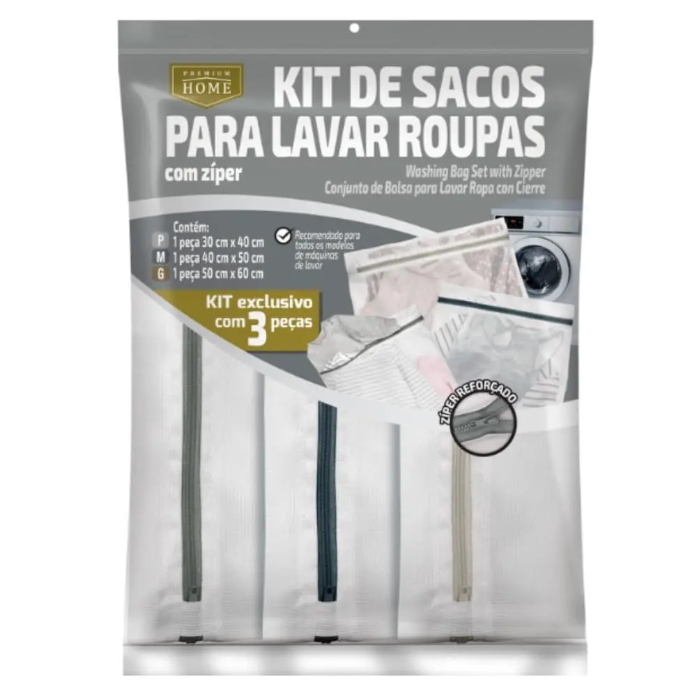 Kit 3 peças Saco para Lavar Roupa com zíper - Tam. P, M, G | Premium Home (Ref.: 429)