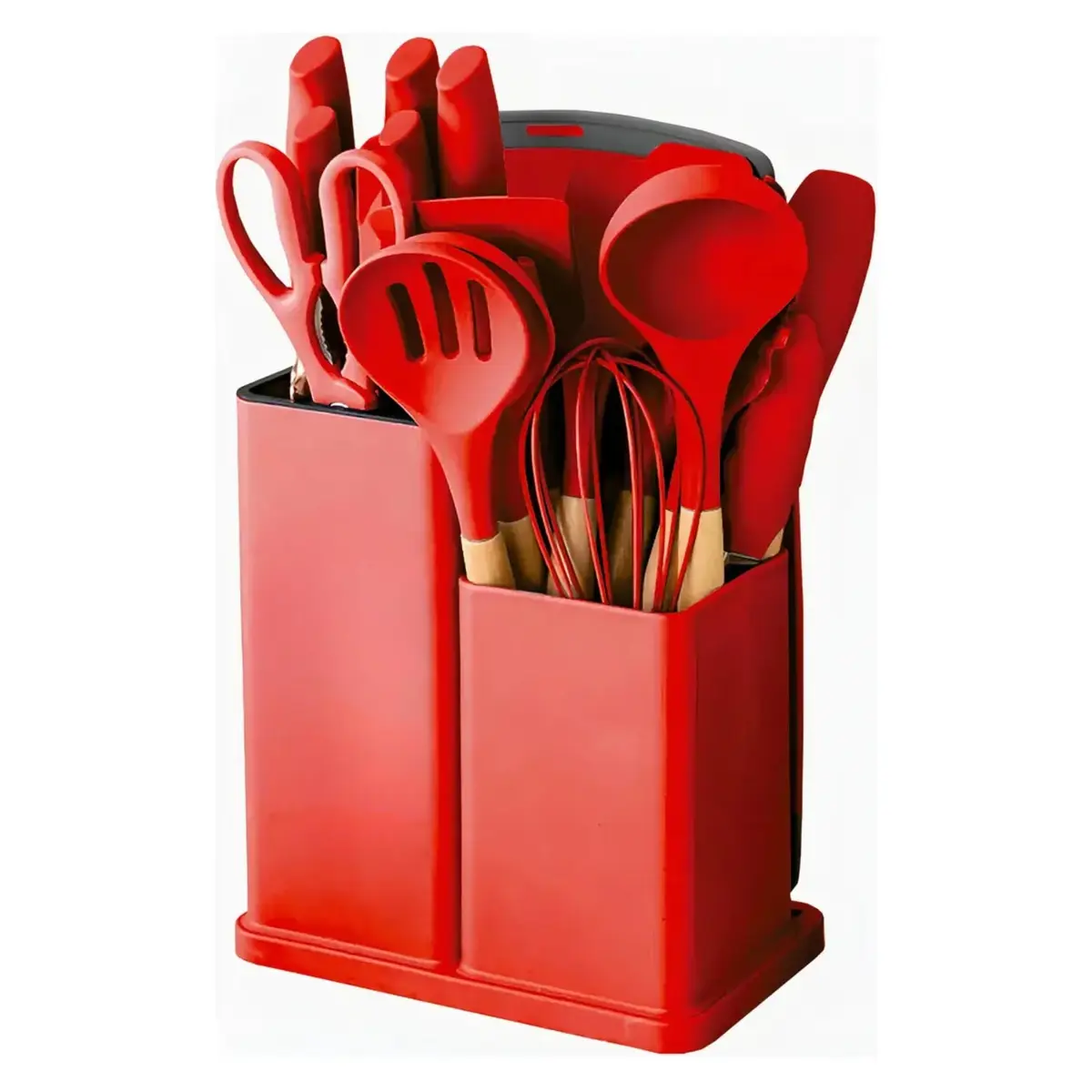 Utensilios Para Cozinha Silicone Kit 19 Peças Cabo Madeira Conjunto Completo Espátula Concha Colher Jogo Suporte Faca Antiaderente Tabua Tesoura Faqueiro PREMIUM (Vermelho)
