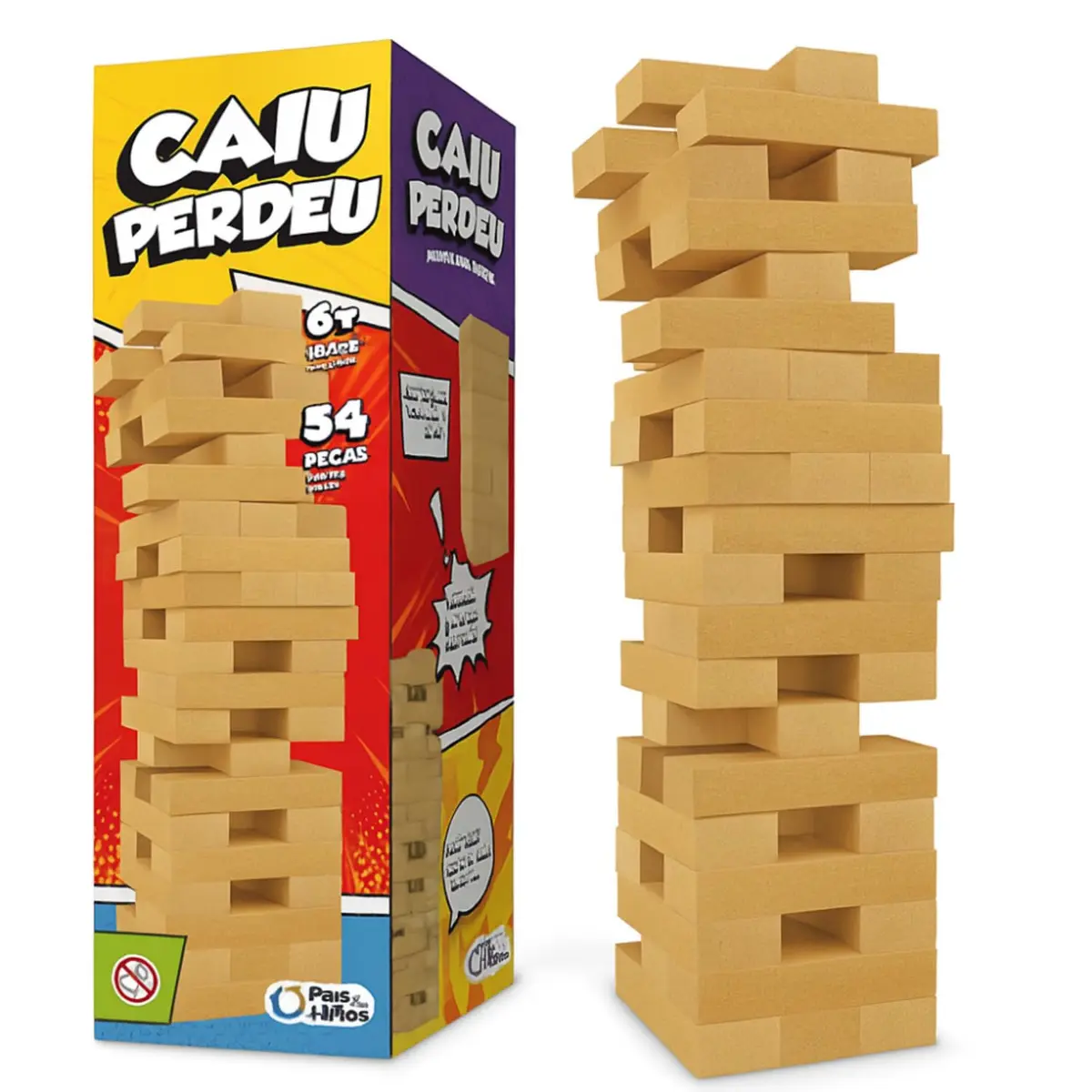 Caiu Perdeu Jogo De Torre De Madeira 54 Peças Em MDF Brinquedo Educativo Diversão Para Toda Família