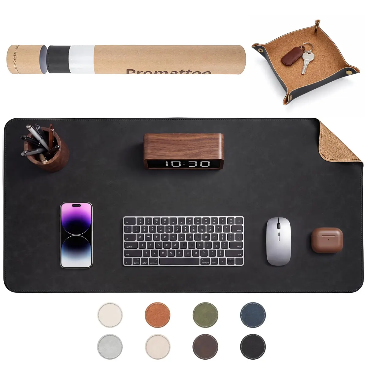 Tapete de mesa grande PROMATTOO dupla face 80x40 cm, com bandeja e tubo | Couro sintético vintage e lado cortiça; para teclado, mouse e notebook, anti-respingos, antiderrapante, Cor: Preto Clássico