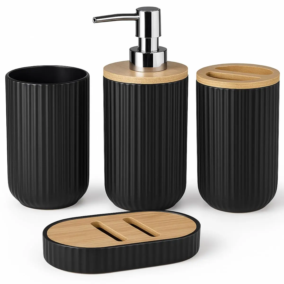 Kit de Acessórios para Banheiro 4 Peças Preto com Bambu Inclui Porta Sabonete Líquido Porta Escova Copo e Saboneteira Conjunto Elegante e Sustentável para DecoraçãoOrganizador para Banheiro e Lavabo