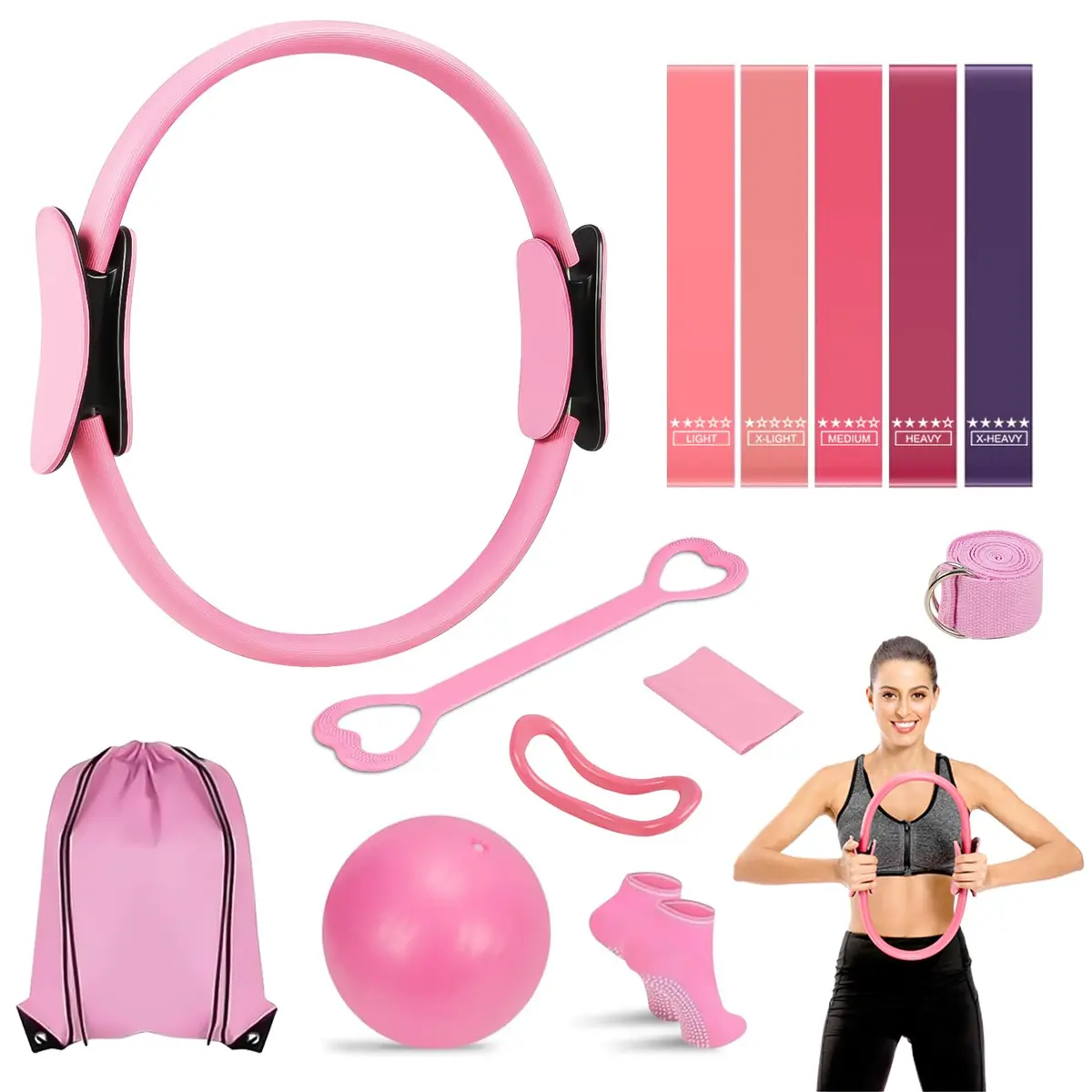Kit Essencial de Pilates para Mulheres, Kit de Pilates para Exercícios em Casa, Equipamento de Pilates, Conjunto de Anel e Bola de Pilates com Faixas de Resistência e Bumbum, Anéis de Pilates de 38cm - 1
