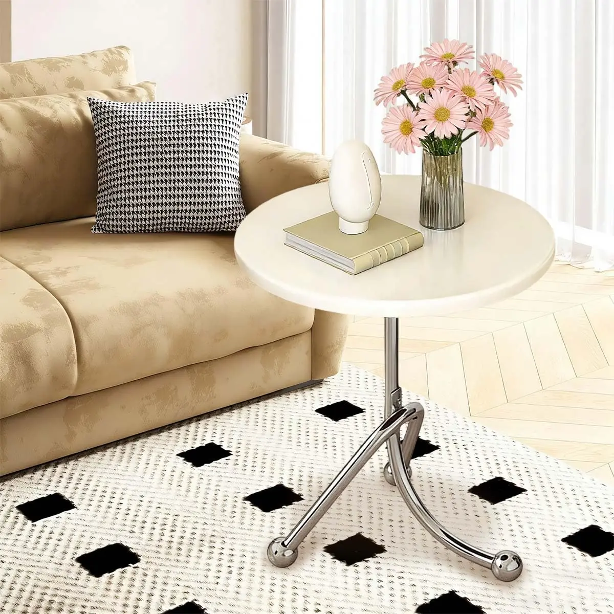 Mesa de Apoio para Sofá em Madeira Maciça, Design C com Estrutura em Ferro Forjado e Base Antiderrapante, Ampla Superfície (Branco)