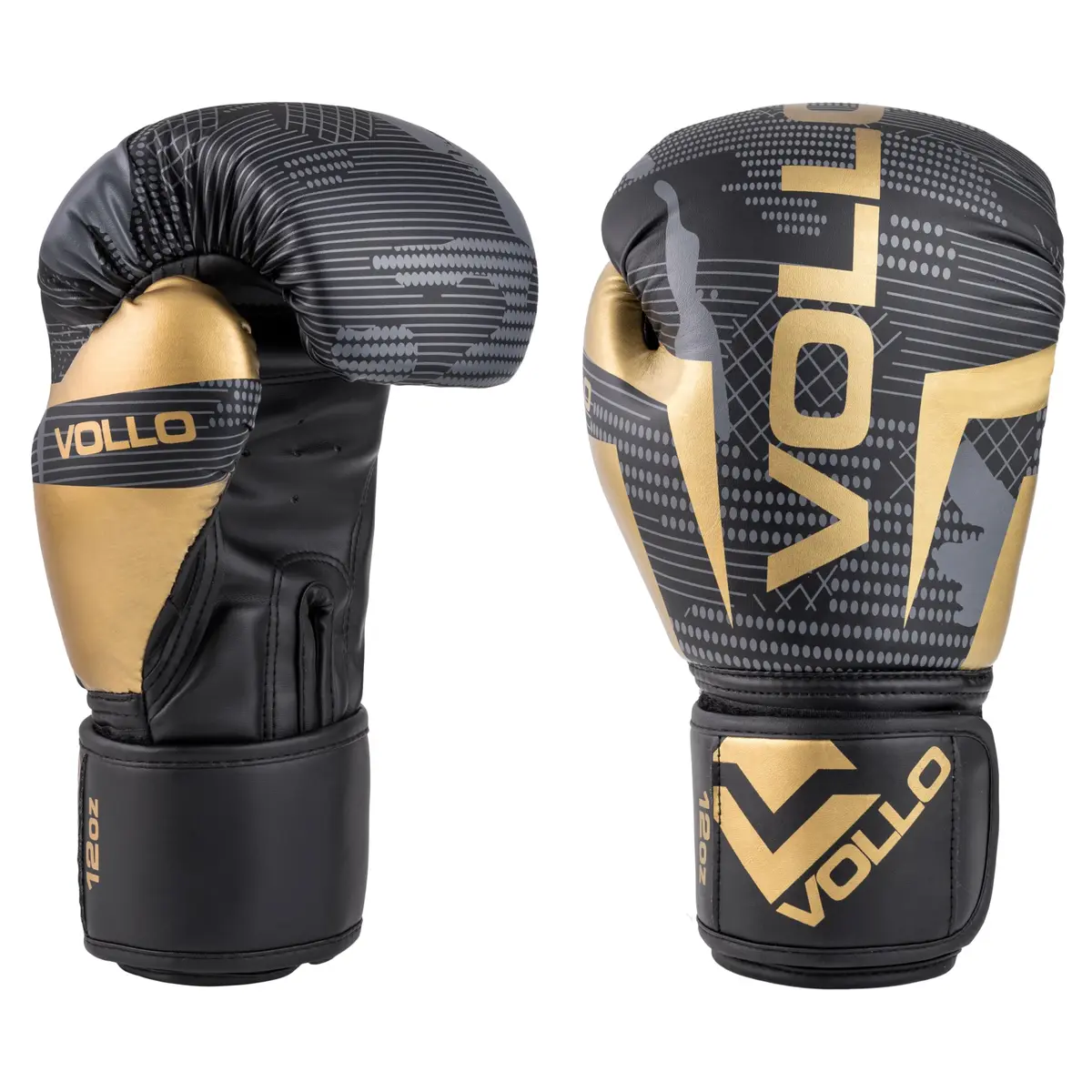 Luva de Boxe Muay Thai Training Preta, Cinza e Dourada 12oz PU Vollo - 1