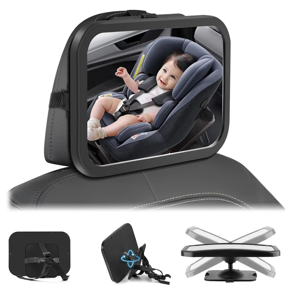 Espelho Retrovisor para Banco Traseiro, Espelho Retrovisor 360 Ajustável para Automóvel, Espelho Back Seat, Square para Auto Preto Tamanho Único