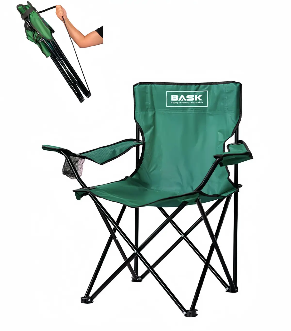BASK Cadeira Premium Dobrável Portátil Reforçada com Suporte 180kg | Alça de Ombro Integrada | Porta-copo | Conforto e Espaço Ampliado para Camping, Praia e Pesca