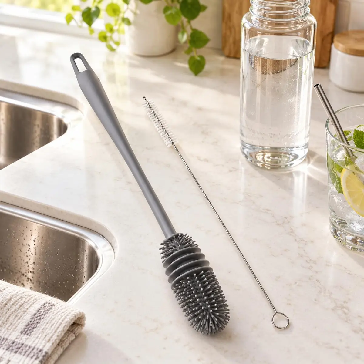Kit Escova de Silicone para Garrafas 28cm com Escova para Canudos | • Cerdas flexíveis • Não risca • Fácil higienização • Longa durabilidade - 1