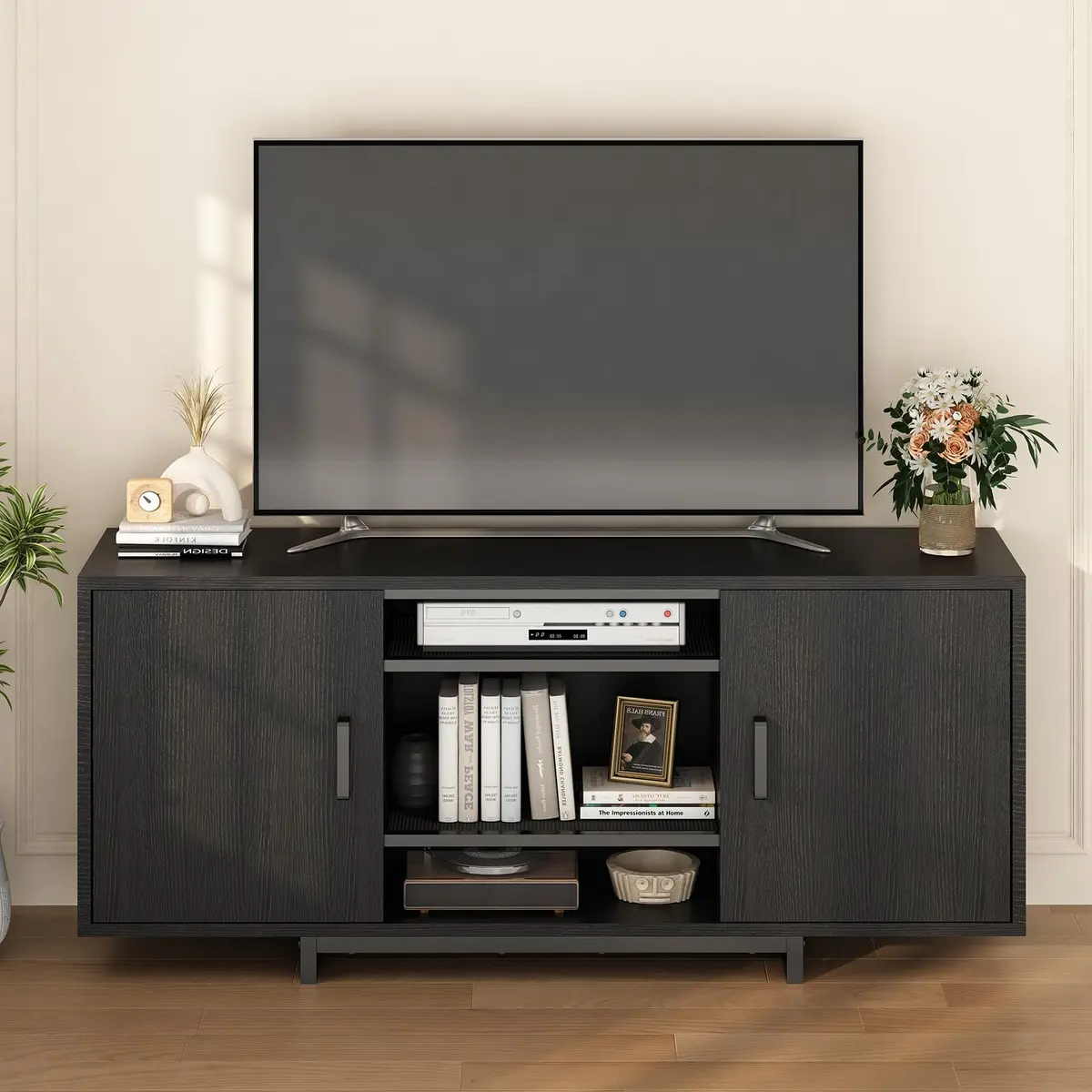 Rack para TV, Armário para TV com Portas e Prateleiras Abertas, Estante de Madeira para Sala de Estar com Armazenamento Organizado