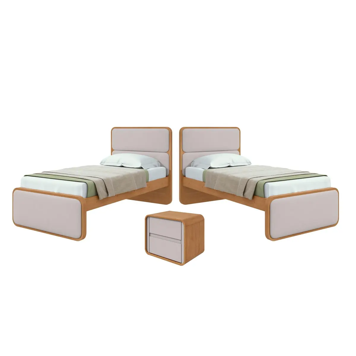 Quarto Infantil com 2 Camas Solteiro Loop Tecido Corano e Mesa de Cabeceira 2 Gavetas Loop Amêndoa Clean/Off White - 1