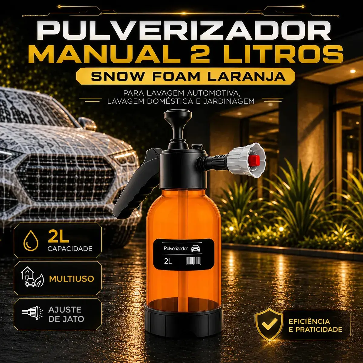 Pulverizador Borrifador de Alta Pressão Bahrein Snow Foam 2L com 3 Bicos para Carro e Jardim Laranja