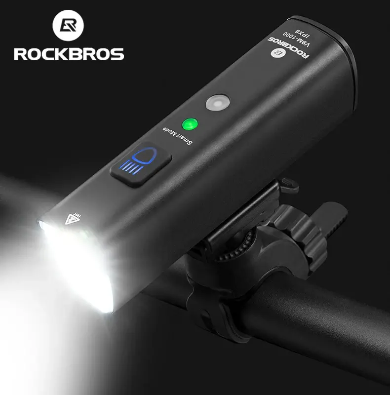 ROCKBROS-Smart Vibration Sensing Bike Light, Luz de bicicleta, Lâmpada Frontal MTB, Lanterna LED Tipo C, 1000Lumen, 4000mAh, 5 Modos