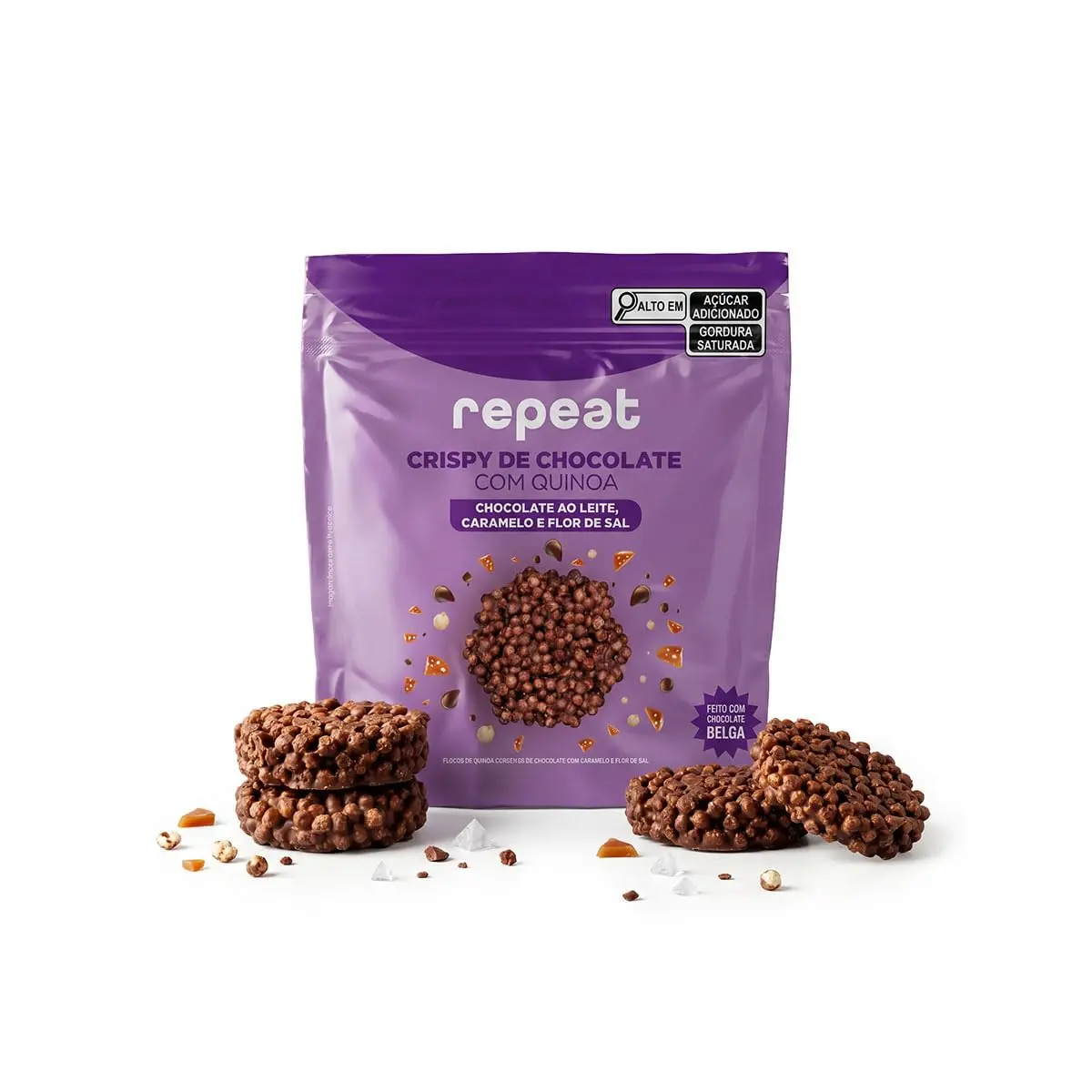 Repeat, Crispy de Chocolate | Snack Crocante com Quinoa e Chocolate Belga | Kit com 2 Unidades (Caramelo e Flor de S)
