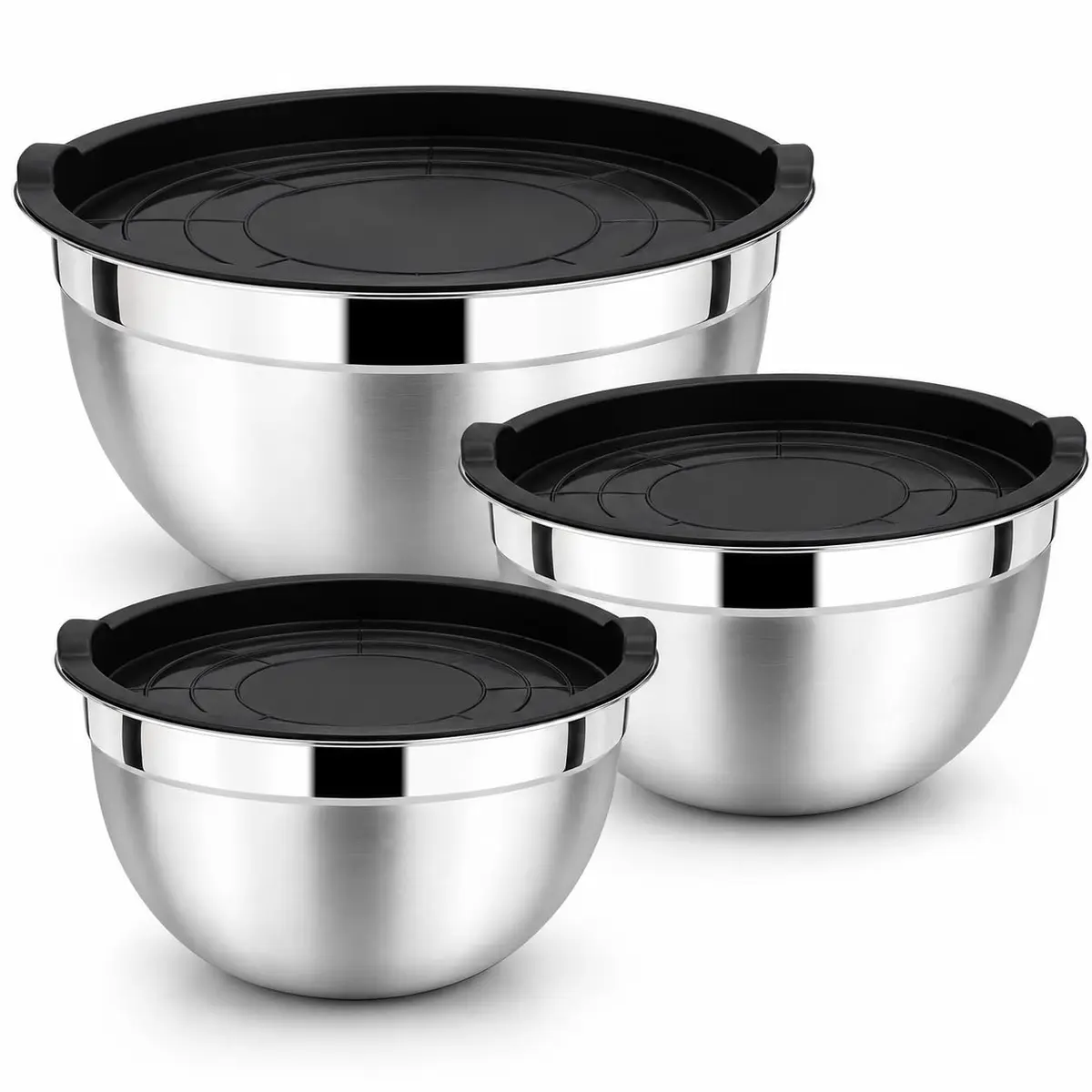 Kit 3 Bowls de Inox com Tampa 1,5L 2L 3L Empilháveis | Empilháveis, Tampa Vedante Inclusa, Capacidade Total 6,5 L, Aço Inoxidável, Uso Versátil na Cozinha